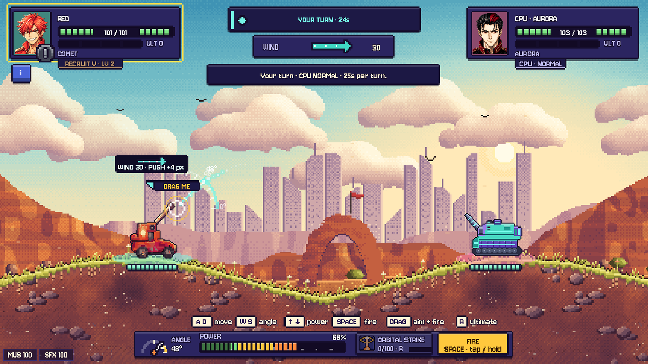 A match in a desert city arena at golden hour, with skyscrapers, a stone arch and a red tank aiming at a teal one.