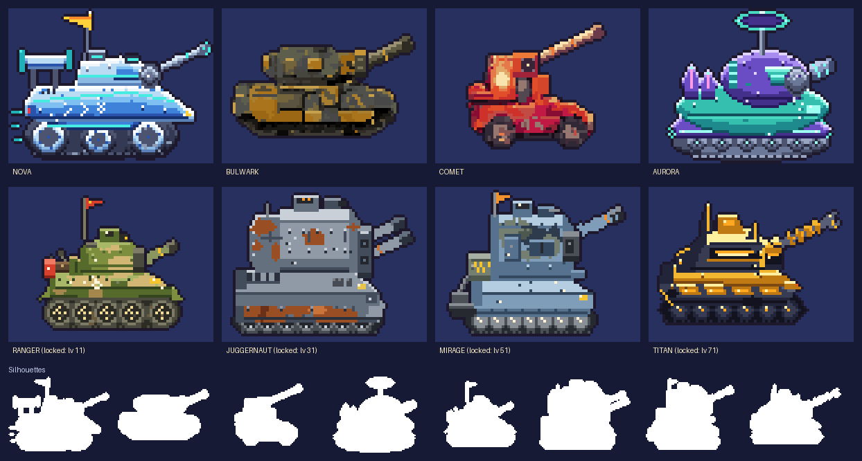 The eight tanks side by side, with black silhouettes underneath to show that no two share a shape.