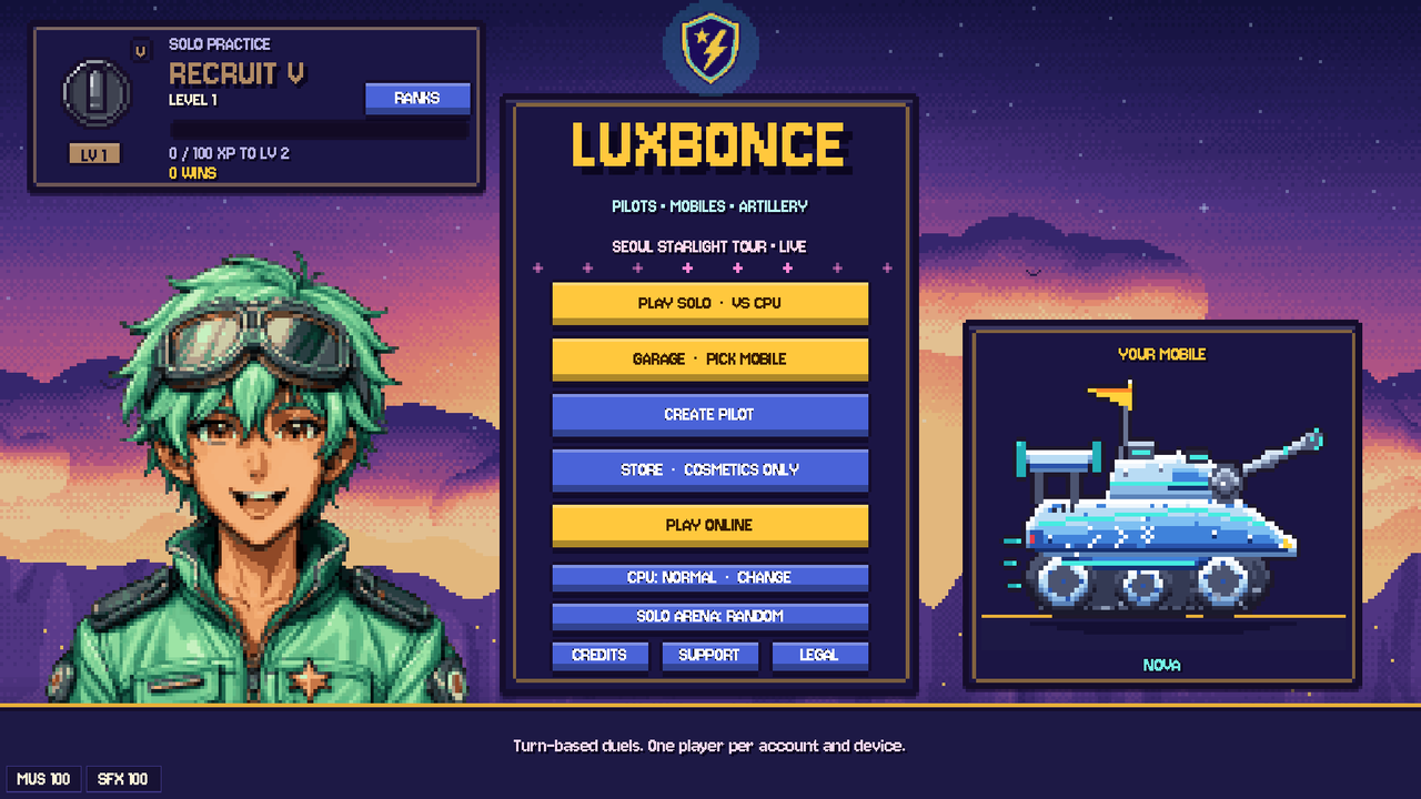 The main menu: player rank card on the left, the selected tank on the right, and the title in the middle.