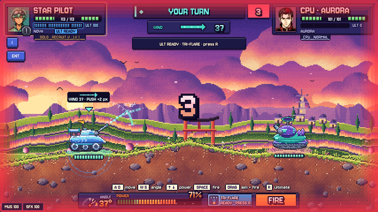The HUD in the last three seconds of a turn: a large 3 in the middle of the screen and a red pulse around the edges.