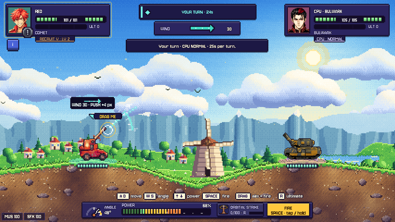 A match in the Valley arena: sunny pixel-art countryside with a windmill, a red Comet tank on the left and an olive Bulwark on the right, and the new HUD around them.